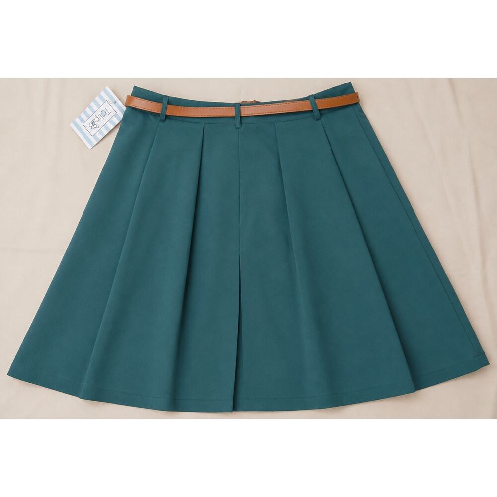 Tulip B Women's Green A-Line Skirt Medium Belted Faux Button Front Pockets NWT - Picture 3 of 6